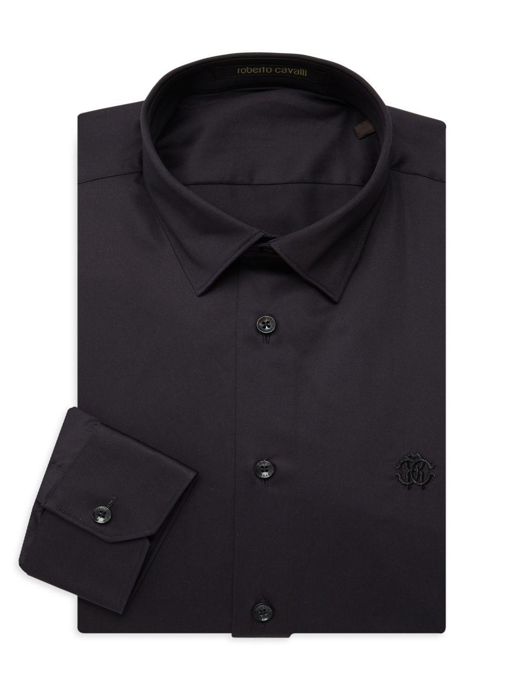 Roberto Cavalli Cotton Slimfit Embroidered Logo Dress Shirt in Black