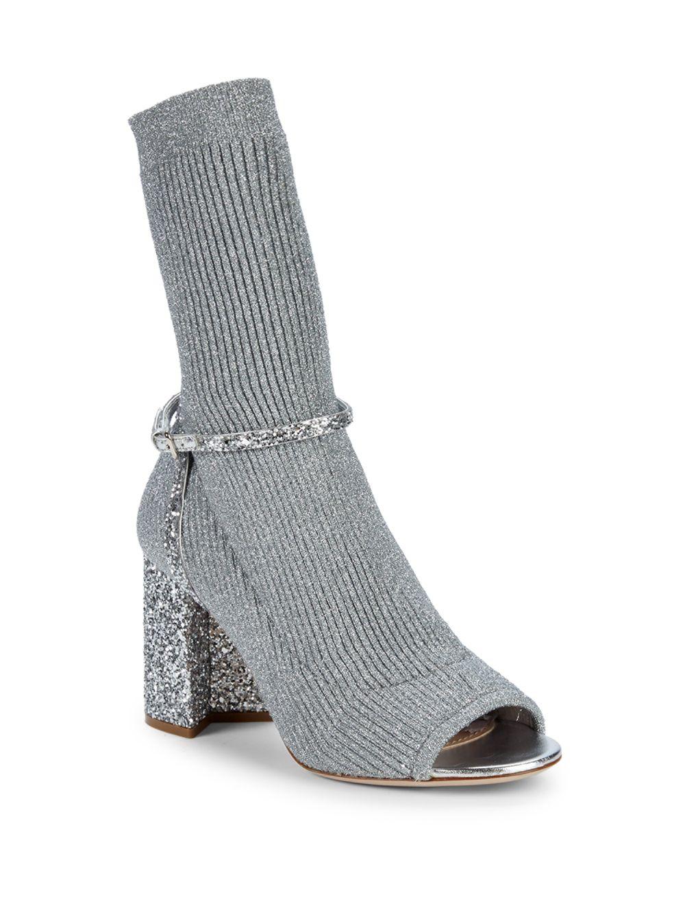 Miu Miu Leather Mary Metallic Glittered Block Heel Sock Boots - Lyst