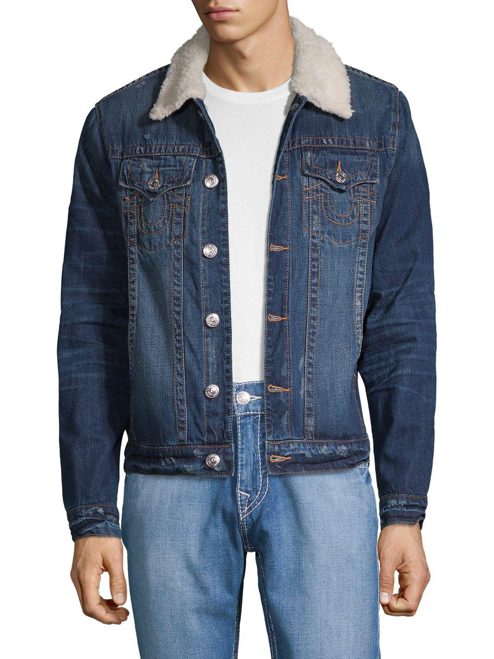 True Religion Faux Shearling-trimmed Distressed Denim Jacket in Blue for  Men | Lyst