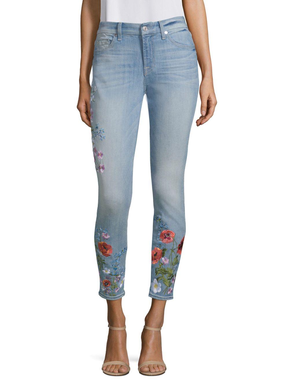 7 For All Mankind Floral Embroidered Ankle Skinny Jeans in Blue | Lyst