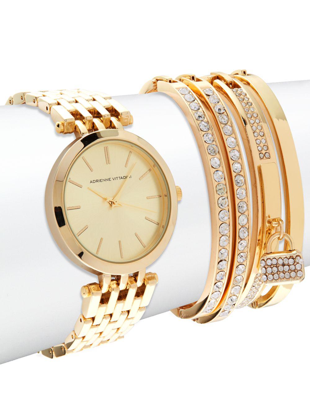 Adrienne Vittadini Watch & Crystal-studded Bracelet- Set Of 5 in Metallic
