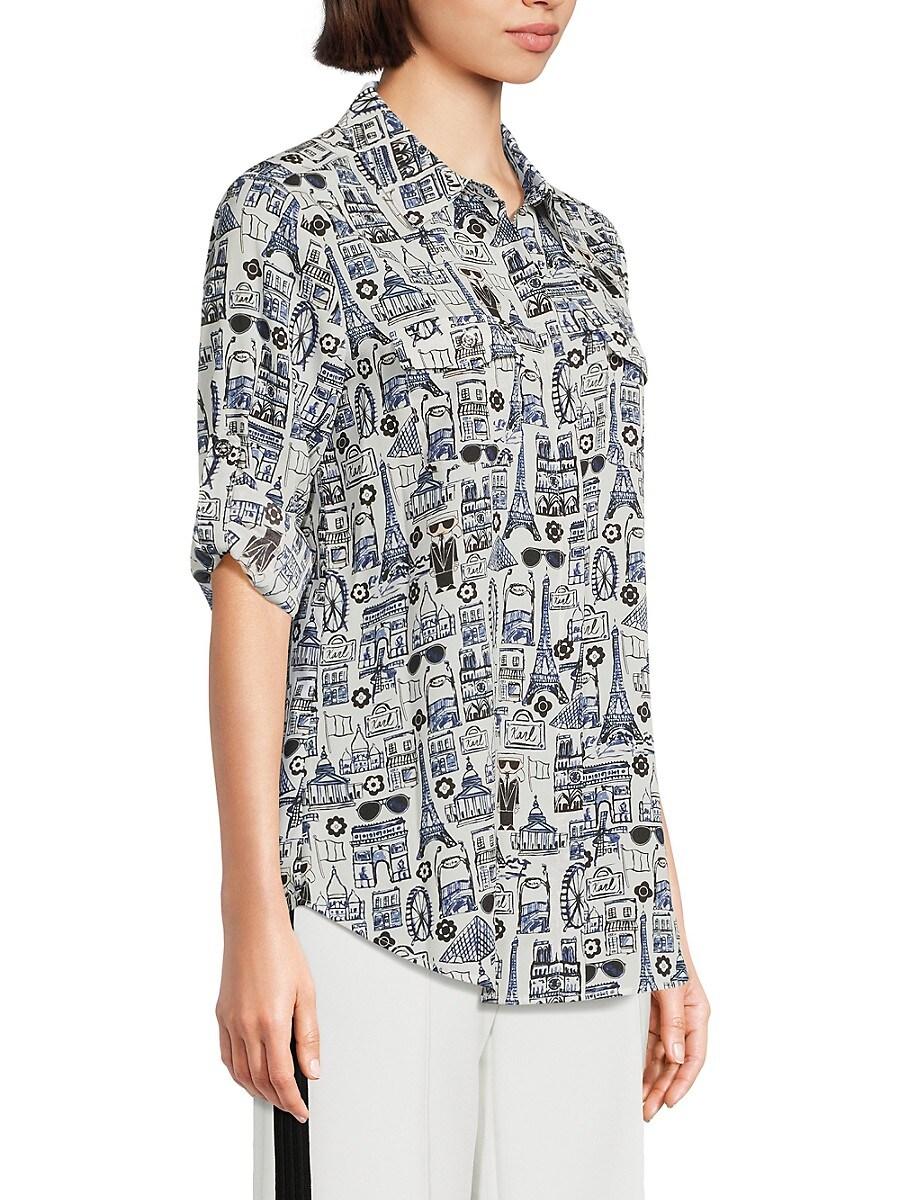 売れ筋商品|||カールラガーフェルド カットソー トップス レディース Women's Geometric-Print Short Sleeve Button-Front Top Black & Soft White Karl Lagerfeld Short-sleeve tops for Women | Online Sale up