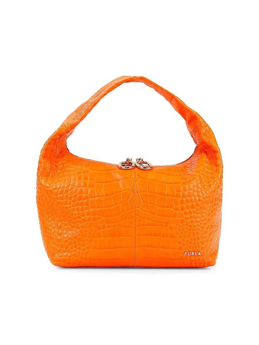 Furla Yellow Croc Embossed Leather Hobo Bag