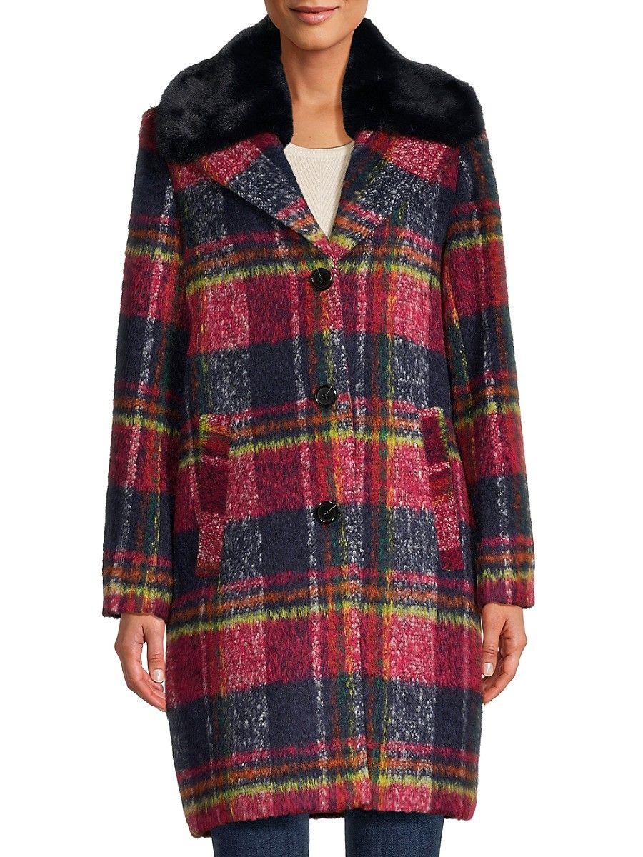 NVLT Faur Fur Trim Plaid Wool Blend Coat in Red | Lyst