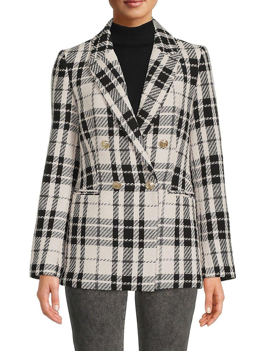 T Tahari Plaid Double Breasted Blazer in Gray | Lyst
