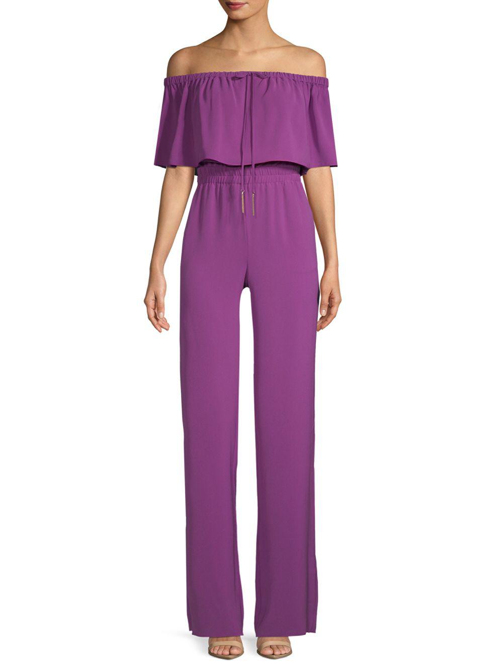 purple off the shoulder jumpsuit