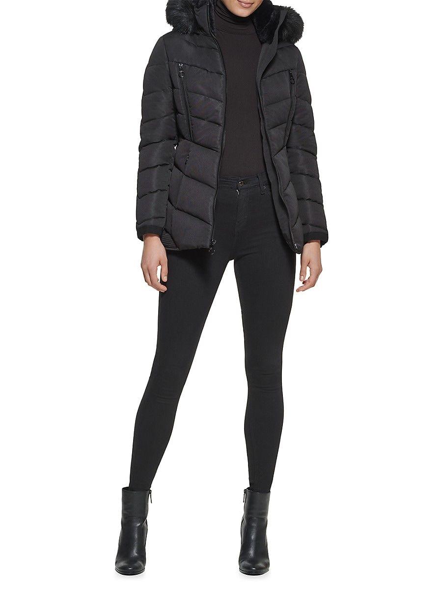 Guess Faux Fur Lined Hooded Puffer Jacket in Black | Lyst