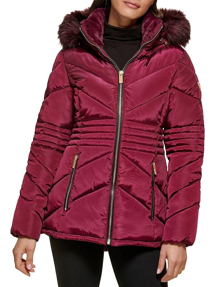 Guess Faux Fur Trim & Lined Hooded Puffer Jacket in Red | Lyst