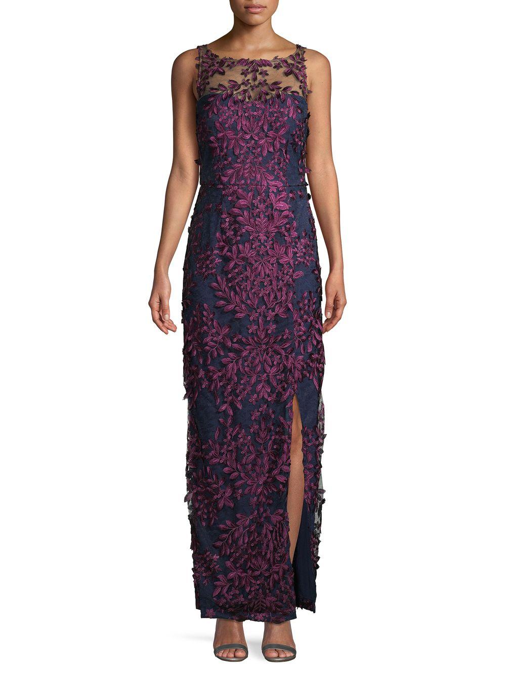 JS Collections Synthetic Embroidered Floral Mesh Gown in Navy Plum