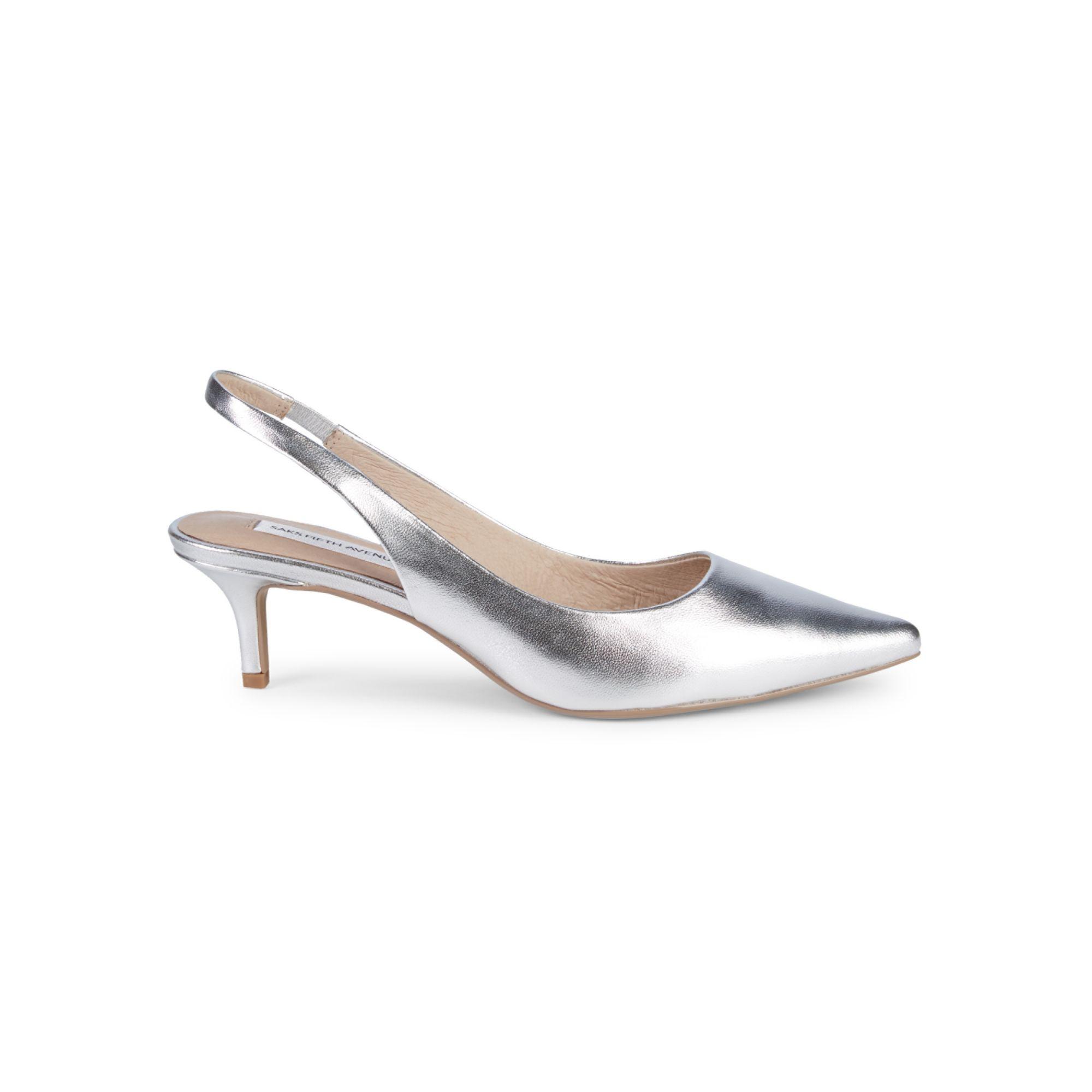 Saks Fifth Avenue Daria Leather Kitten Heel Slingback Pumps in Silver ...
