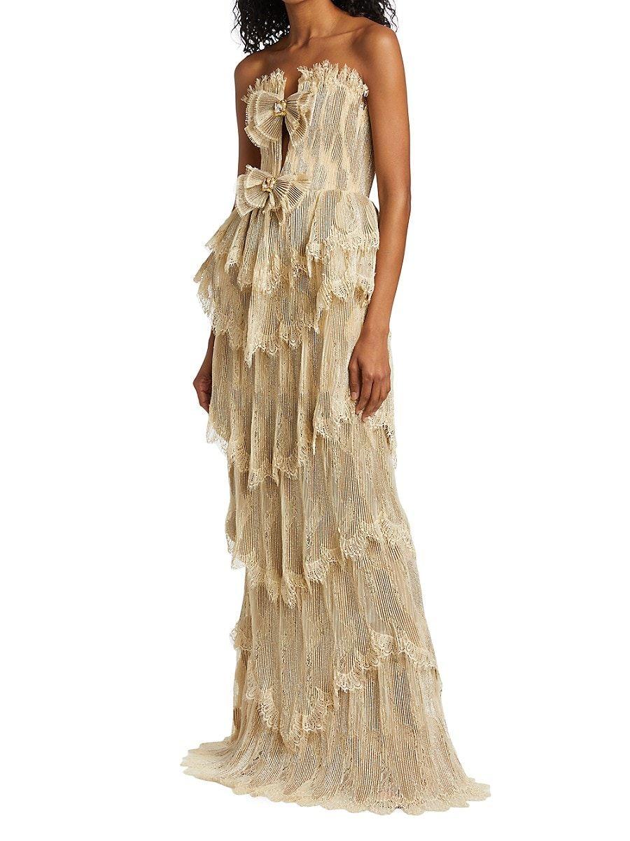 RAISAVANESSA Plunging Metallic Pleated Gown