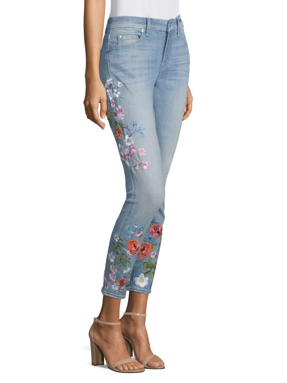 7 For All Mankind Denim Floral Embroidered Ankle Skinny Jeans in Blue - Lyst
