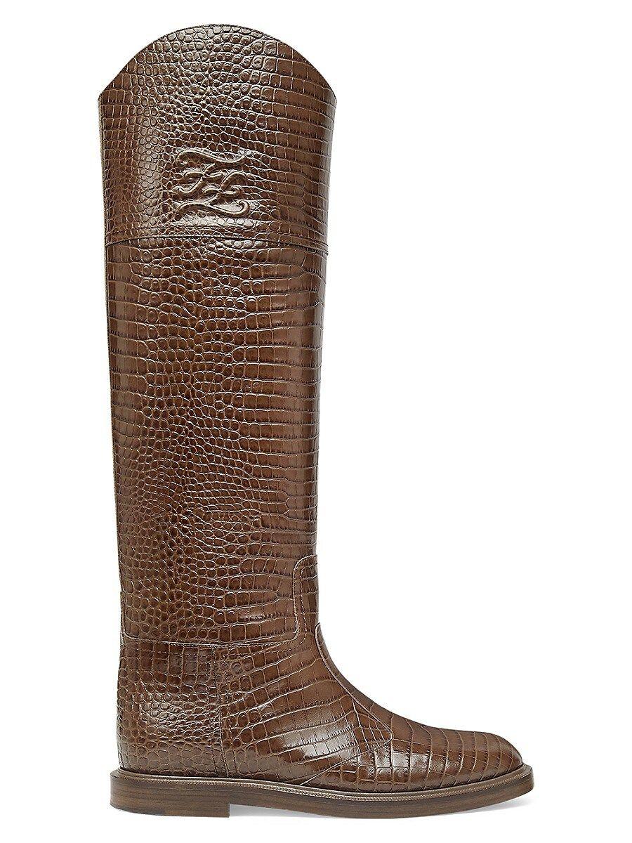 Fendi Croc-embossed Leather Tall Boots in Brown | Lyst