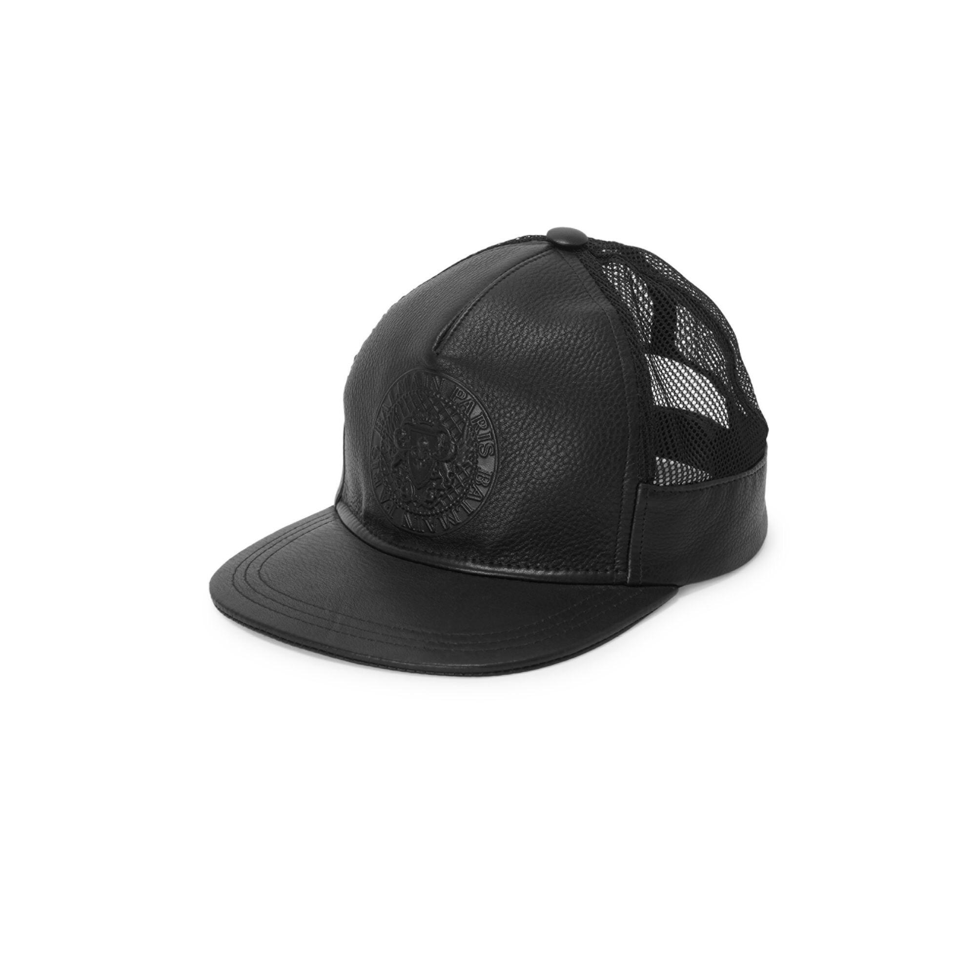 Balmain Leather Logo Crest Embossed Trucker Hat in Black for Men - Lyst