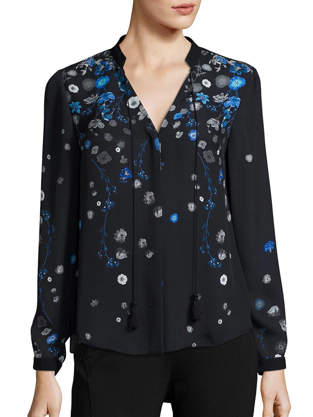 Elie Tahari Silk Floral Print Shirt in Black - Lyst