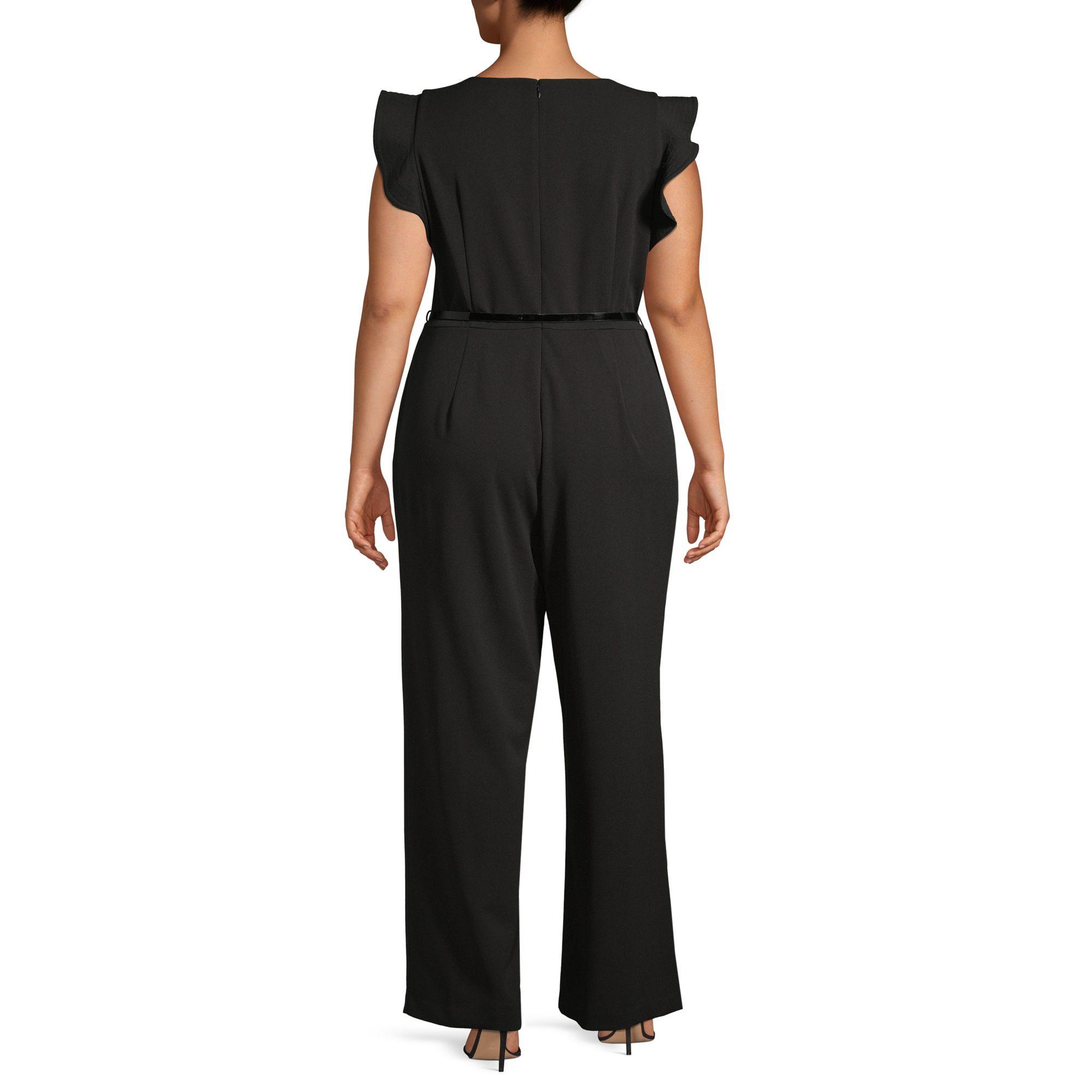Calvin Klein Synthetic Plus Flutter-sleeve Roundneck Jumpsuit in Black ...