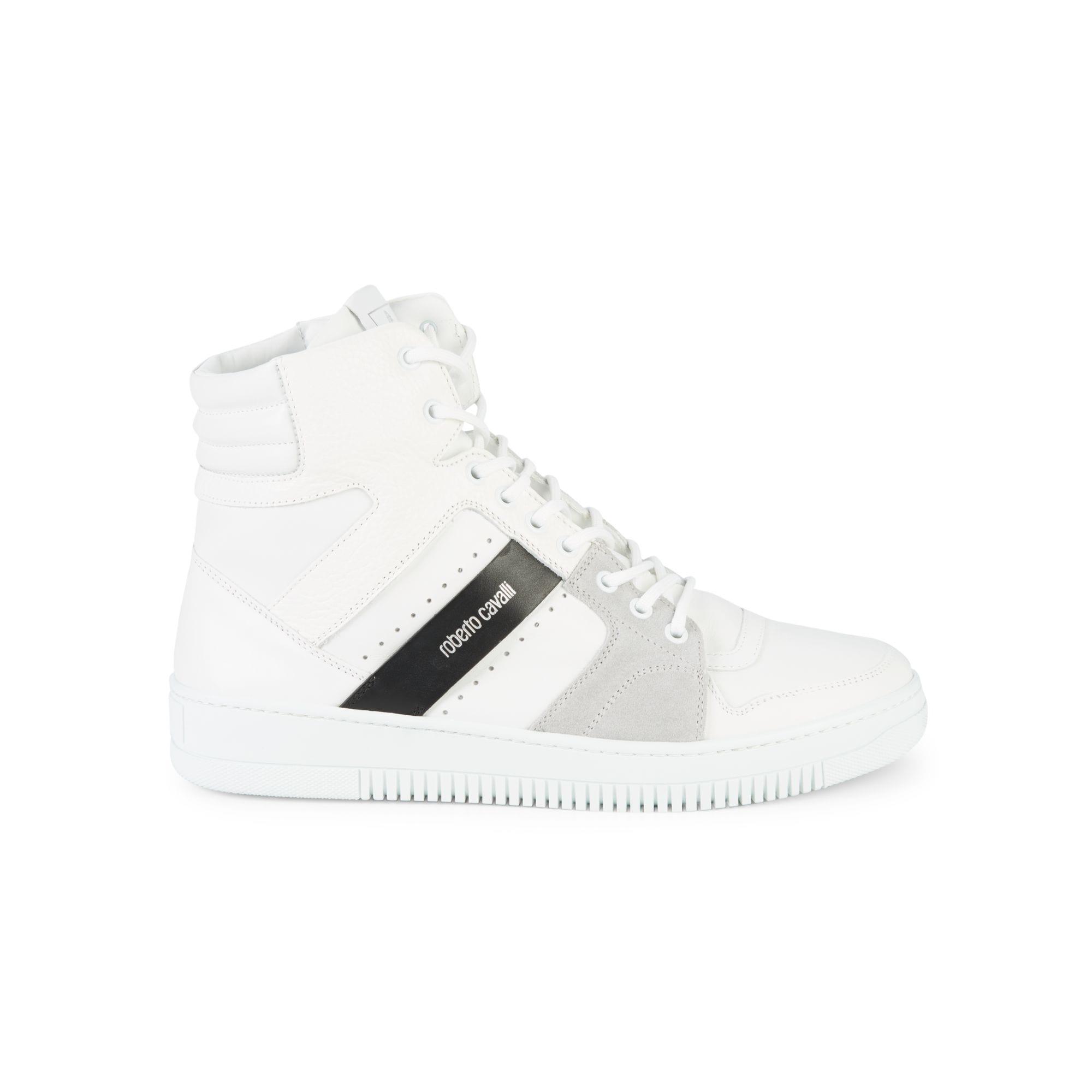 Roberto Cavalli High-top Leather & Suede Sneakers in White for Men - Lyst