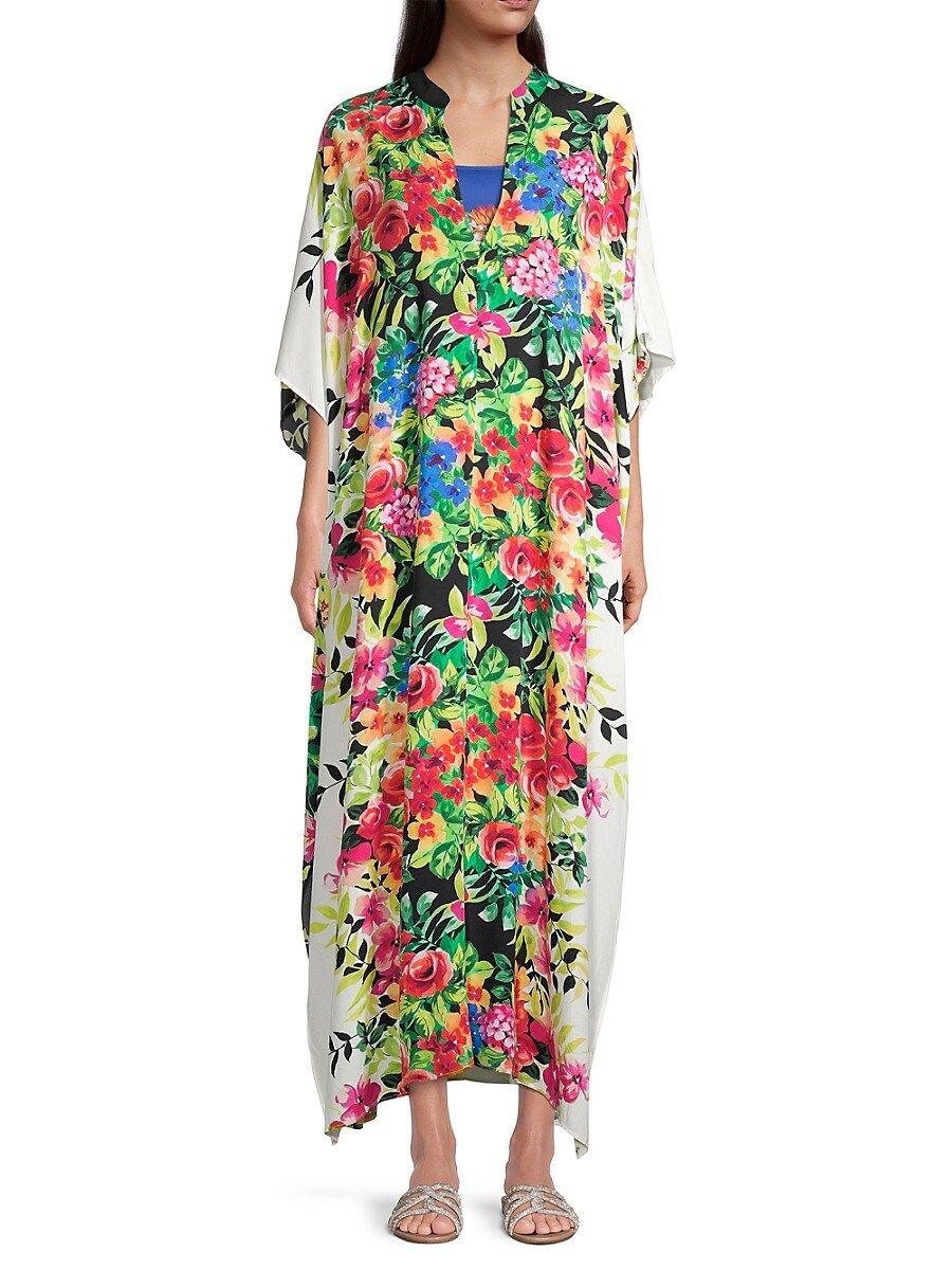 Johnny Was Dana Floral Print Caftan in White | Lyst