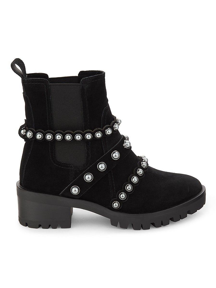 Karl Lagerfeld Pia Faux Pearl Studded Suede Chelsea Boots in Brown
