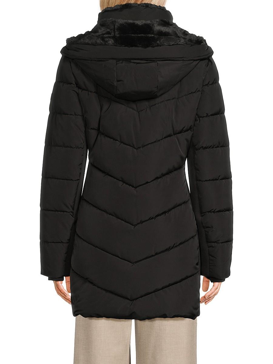 Calvin Klein Faux Fur-Trim Quilted Long Puffer Coat in Natural