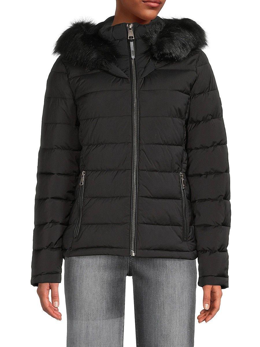 DKNY Faux Fur Trim Hooded Puffer Jacket in Black | Lyst