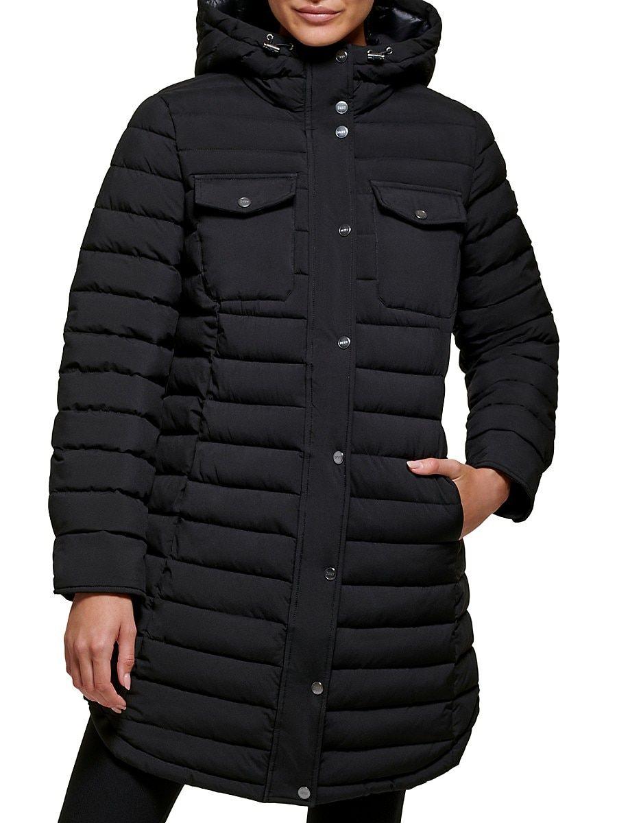 DKNY Button Front Quilted Puffer Jacket in Black | Lyst