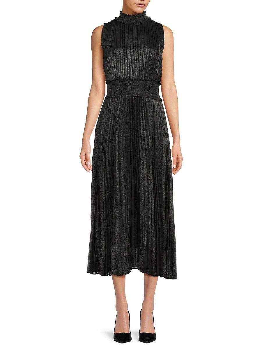 Nanette Lepore Mockneck Pleated Midi Dress in Black | Lyst