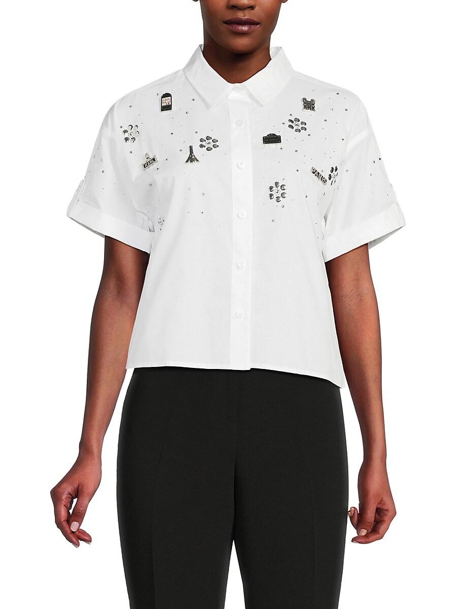 売れ筋商品|||カールラガーフェルド カットソー トップス レディース Women's Geometric-Print Short Sleeve Button-Front Top Black & Soft White Karl Lagerfeld Collared Tops for Women | Lyst