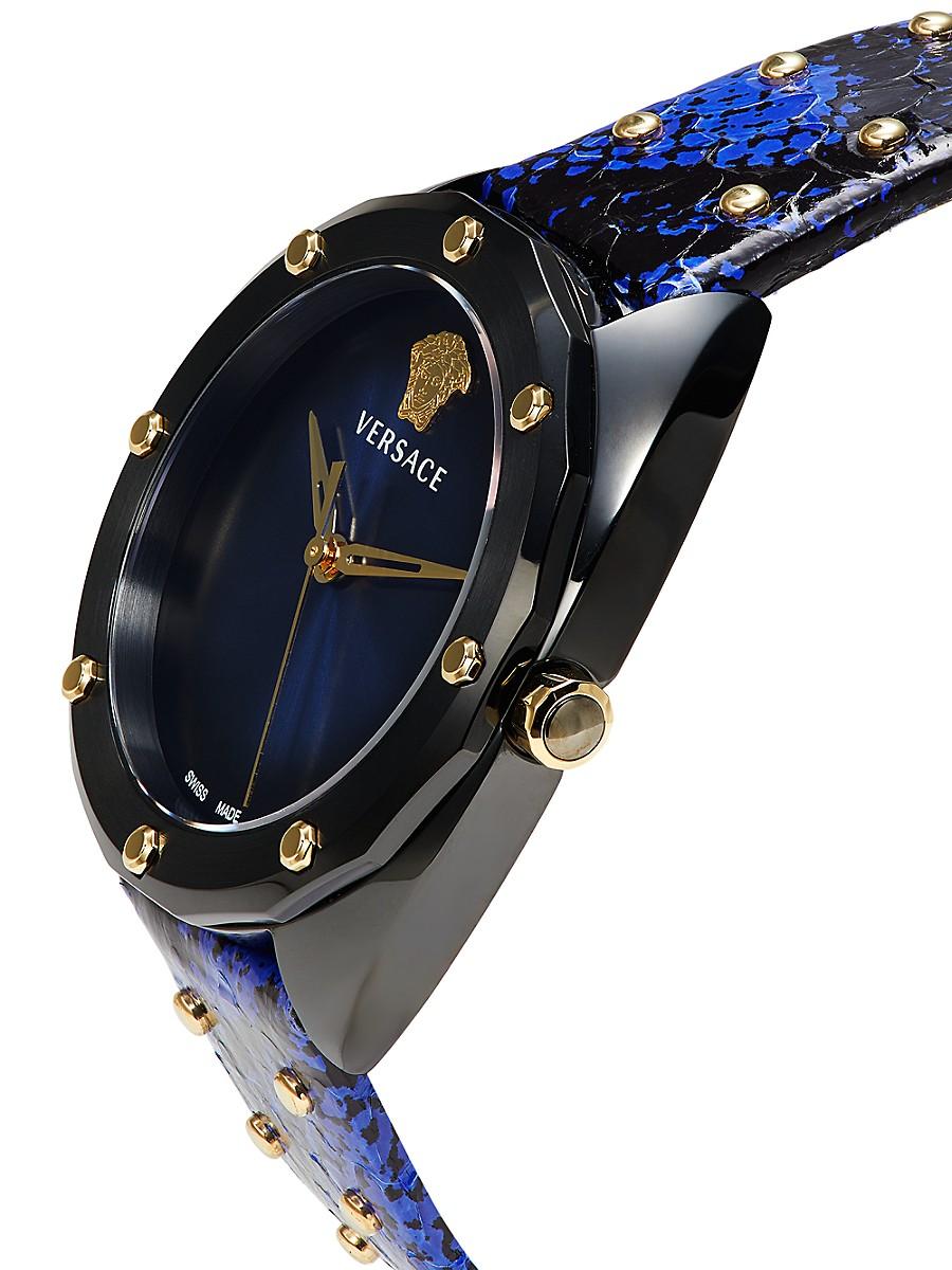 Versace Stainless Steel Snake embossed Leather Strap Watch in