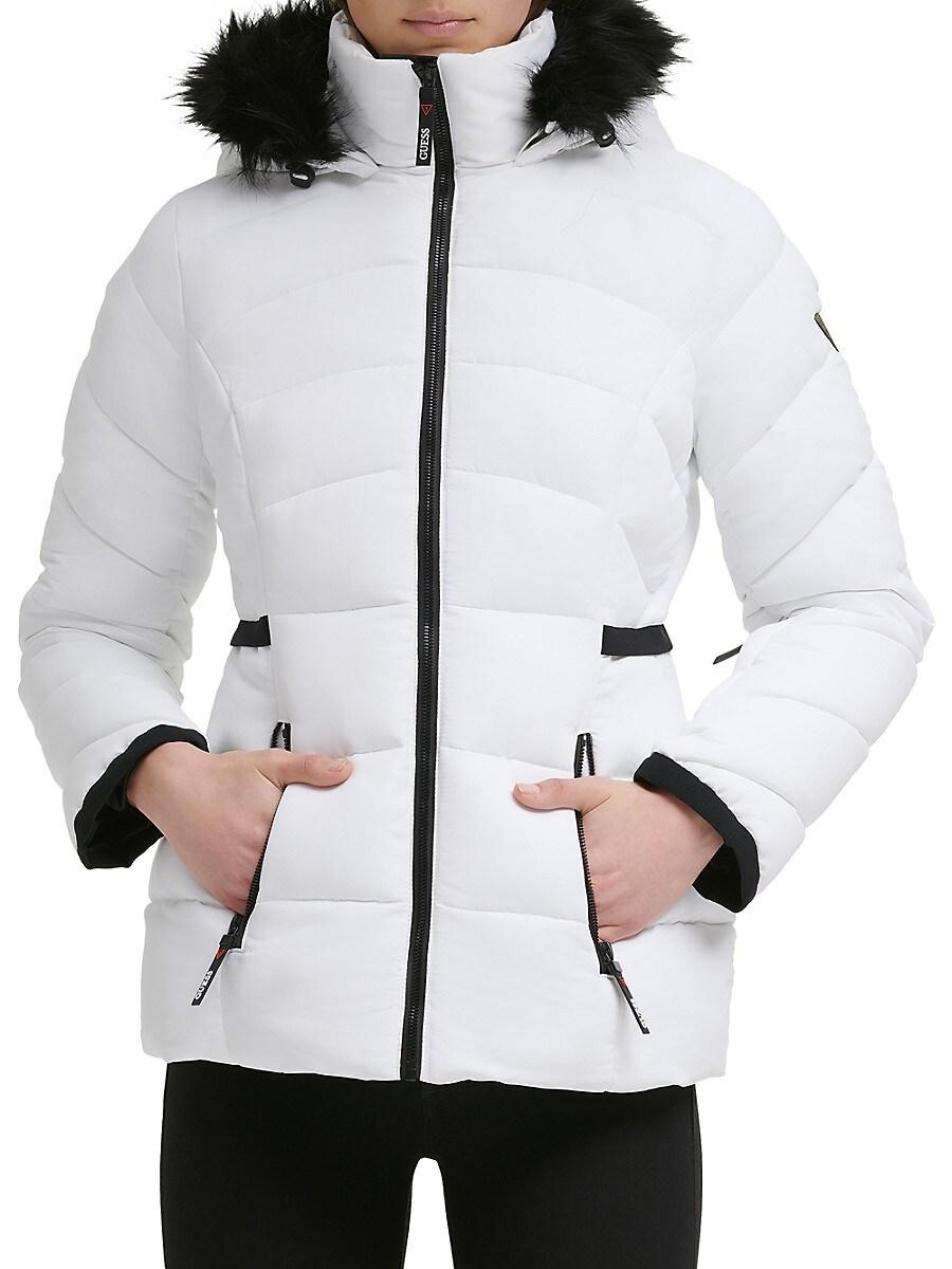 Guess Faux Fur Trim Hooded Puffer Jacket in White Lyst Canada