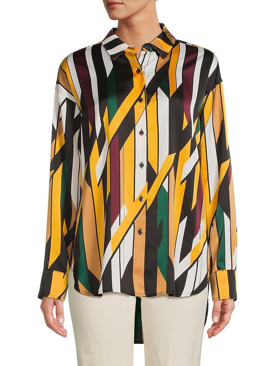 Karl Lagerfeld Abstract High Low Satin Button Down Shirt in Black