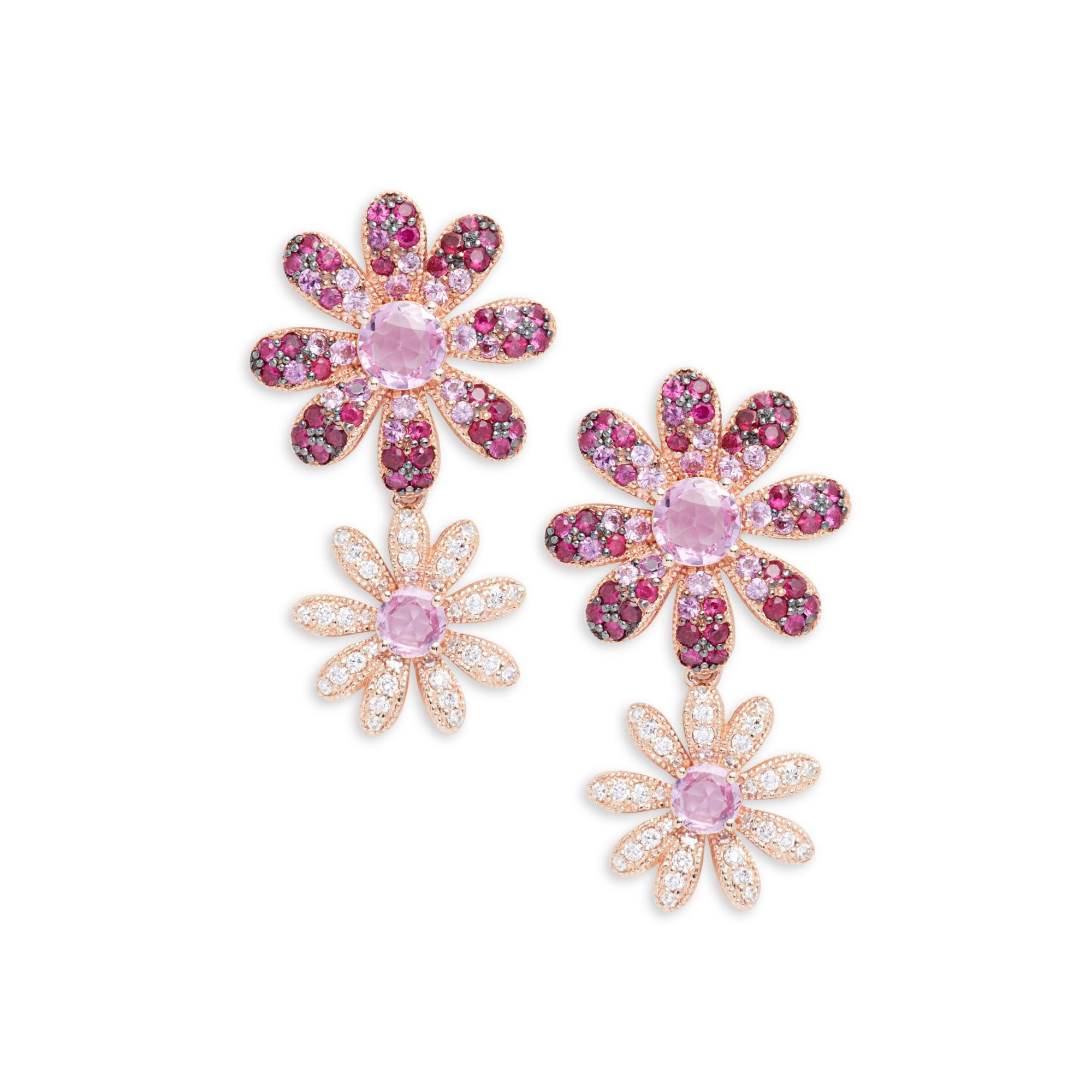 Effy 14k Rose Gold, Diamond, Pink Sapphire & Ruby Flower Earrings - Lyst