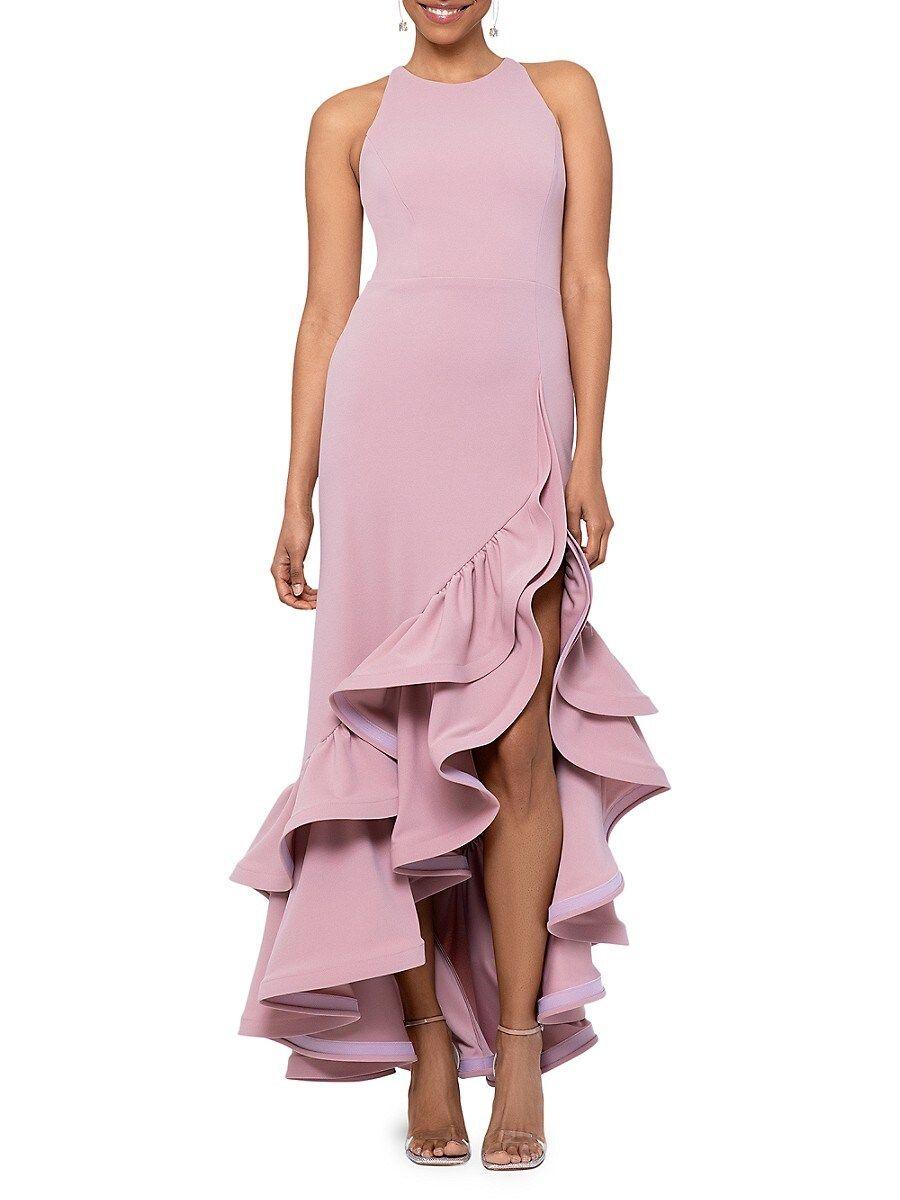 Hi Low Ruffle Dress Scuba Crepe Gown Betsy & Adam Women's Sleeveless V-Neck Gown Fitted Waist Dress Hi Low Ruffle Dress Scuba Crepe Gown Betsy & Adam Women's Sleeveless V-Neck Gown Fitted Waist Dress