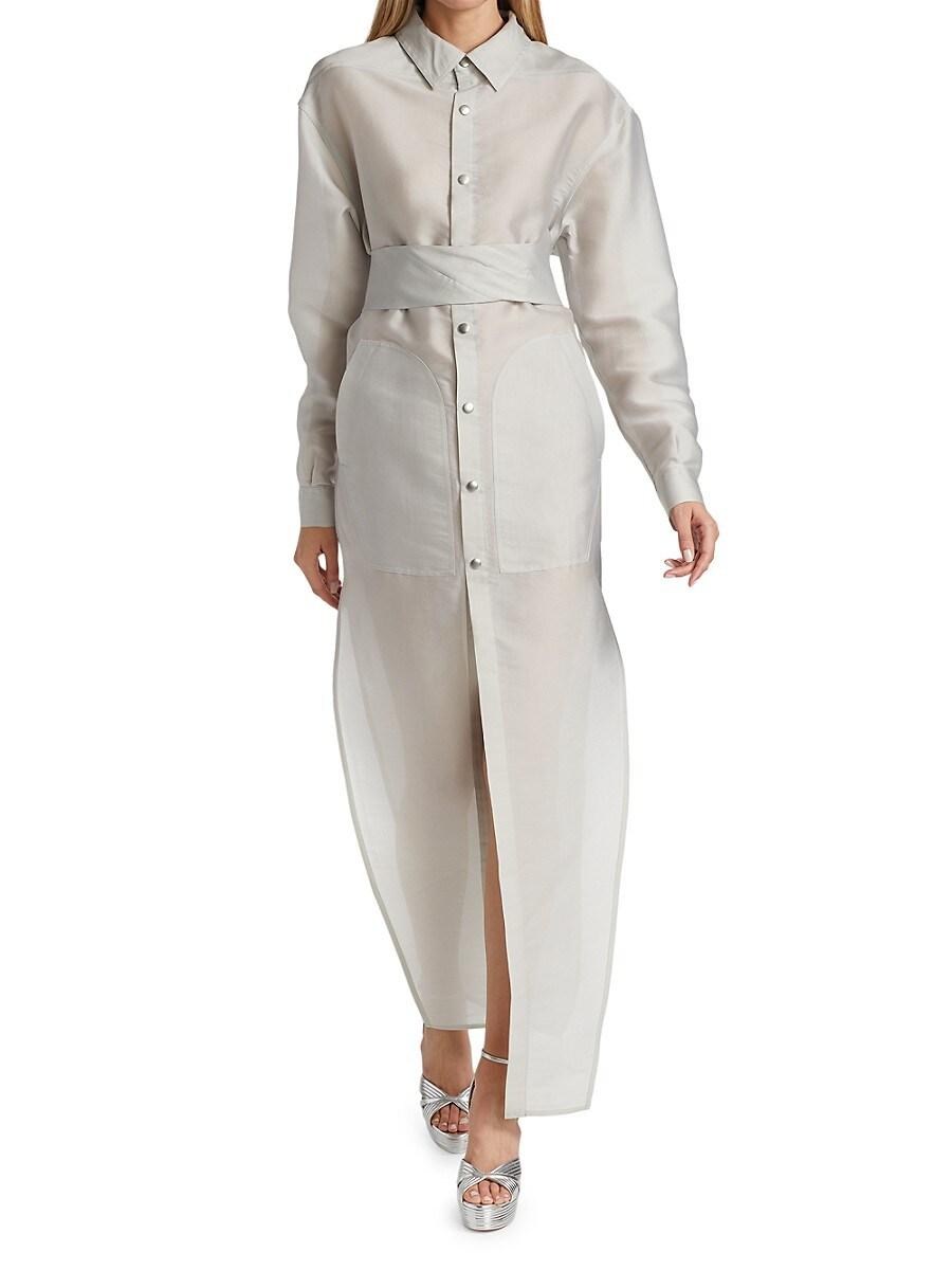 Rick Owens Belted Silk Gazar Shirtdress in Grey