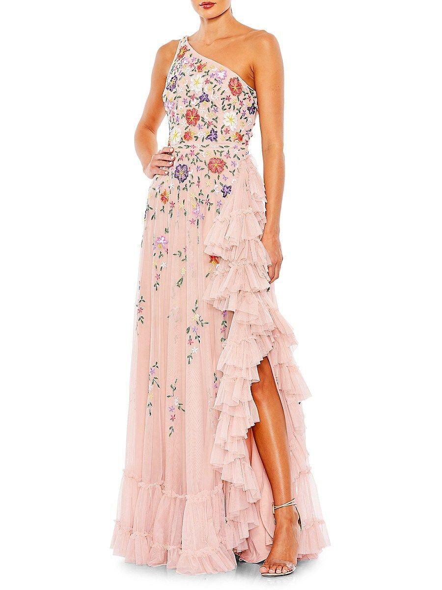 Mac Duggal Mac Floral Embroidered One Shoulder Maxi Dress in