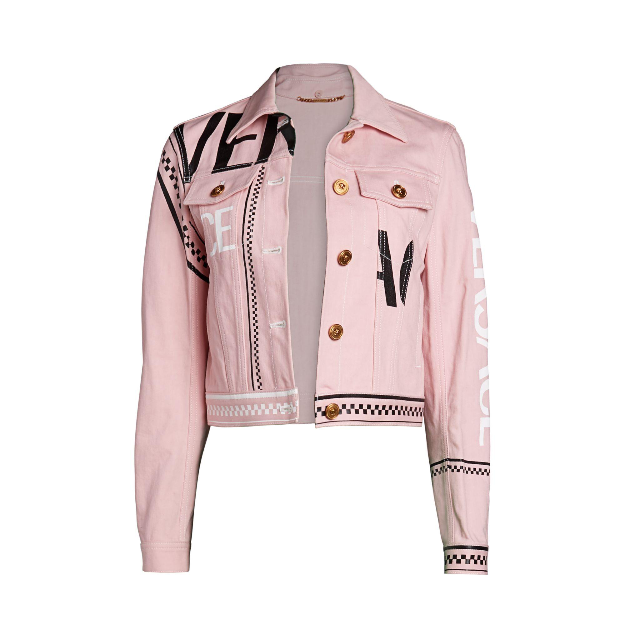 Versace Spliced Logo Denim Jacket in Pink | Lyst