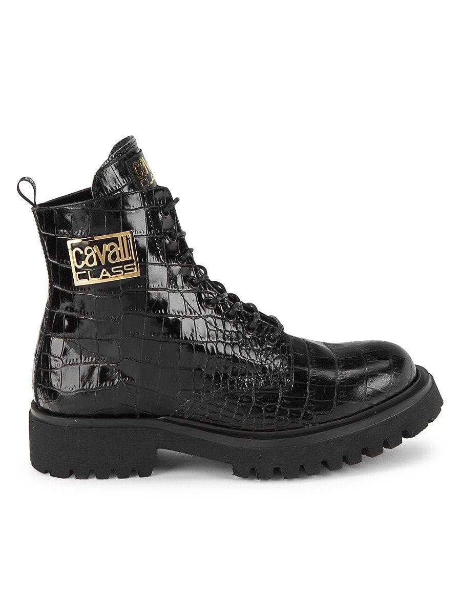Class Roberto Cavalli Croc Embossed Leather Combat Boots in Black | Lyst
