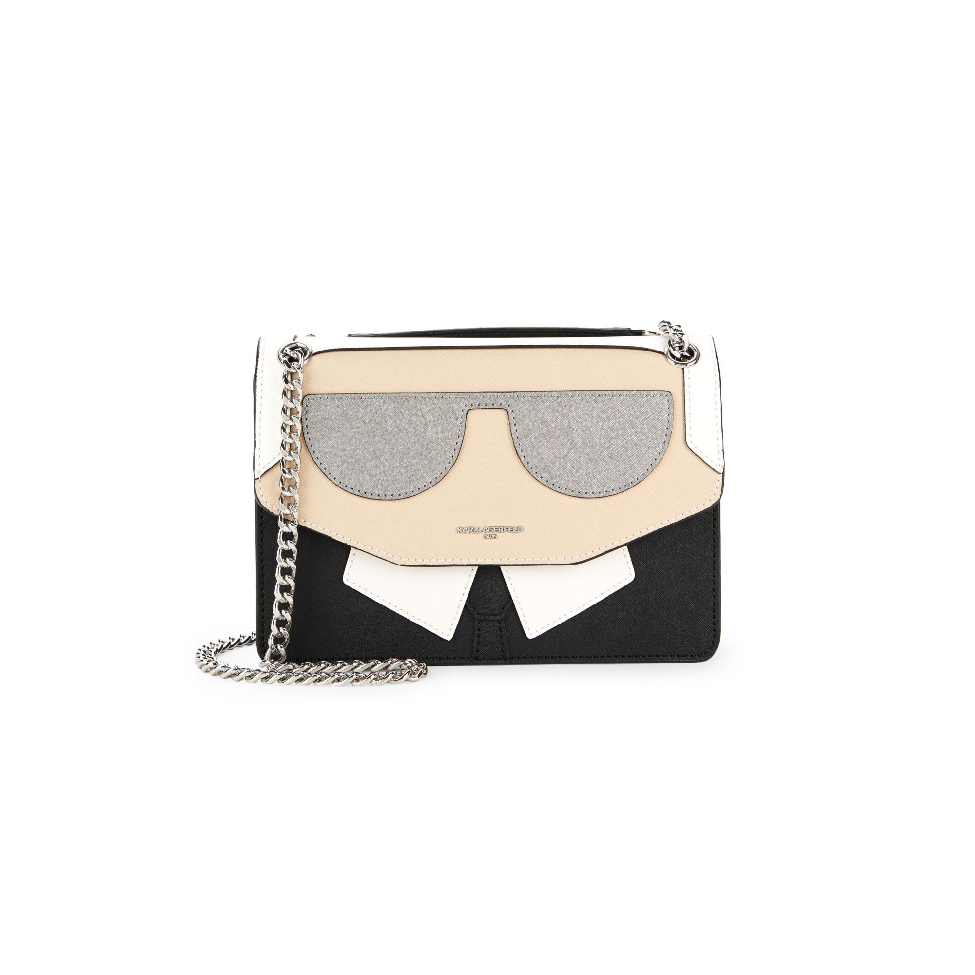 Karl Lagerfeld Leather Caricature Crossbody Bag in White Black (Black