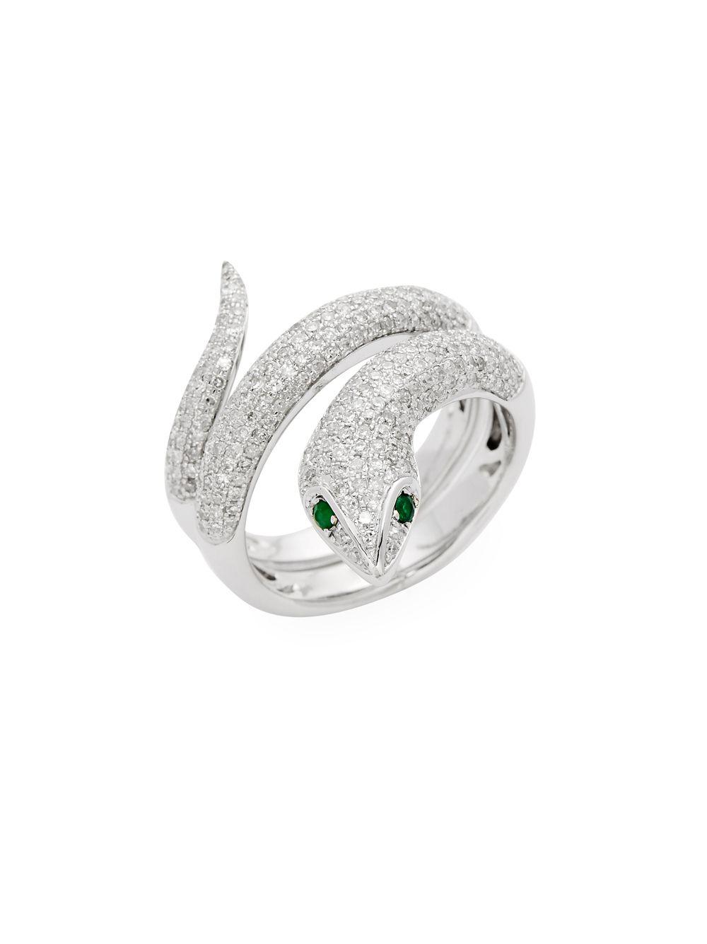 Effy 14k White Gold, Emerald & Diamond Snake Ring in Metallic | Lyst