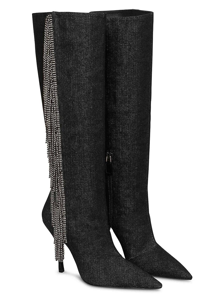 Stuart Weitzman Crystal Fringe Denim Stiletto Boots in Black Lyst UK