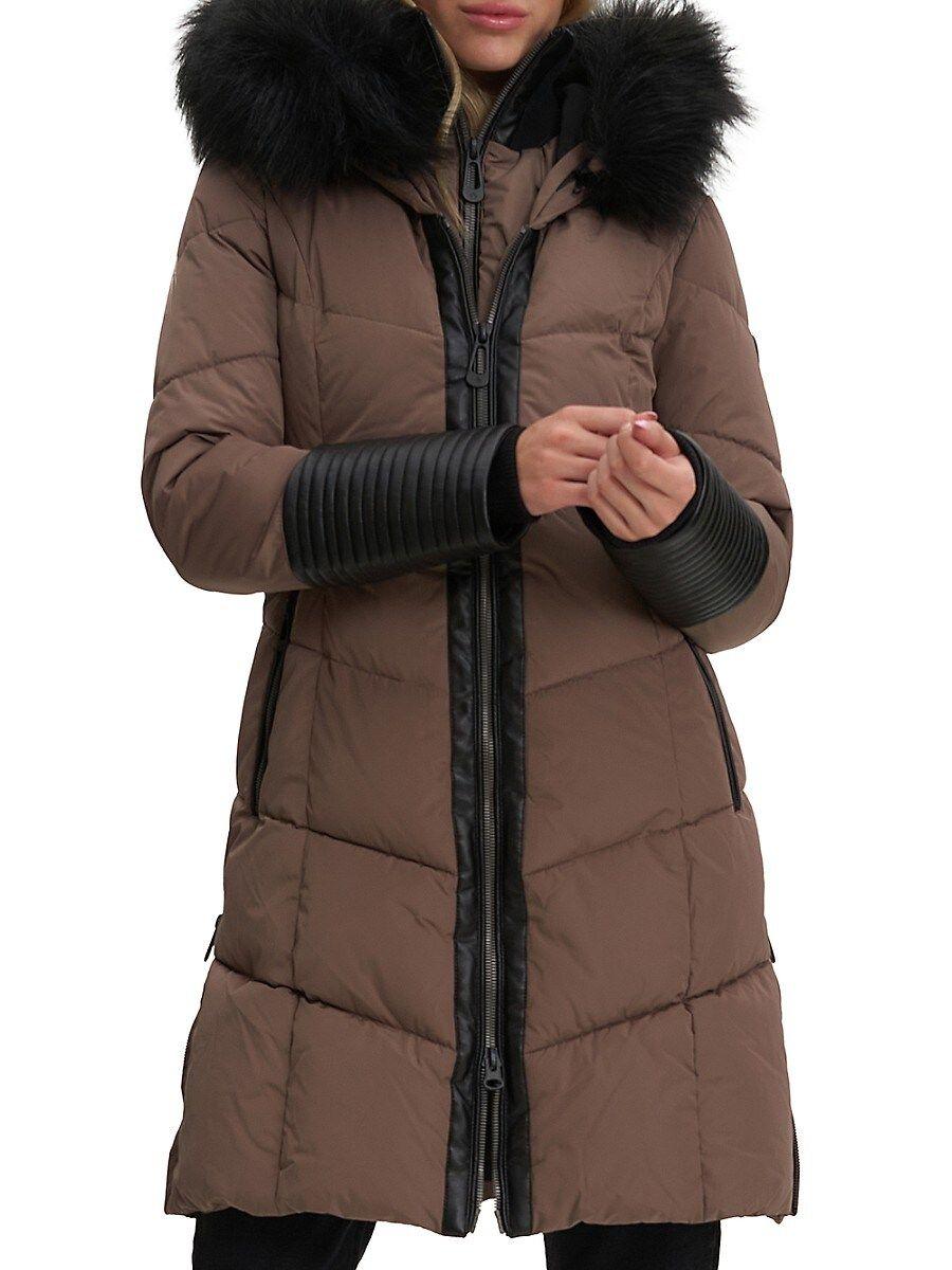 Noize Priya Faux Fur Trim Quilted Parka in Brown Lyst