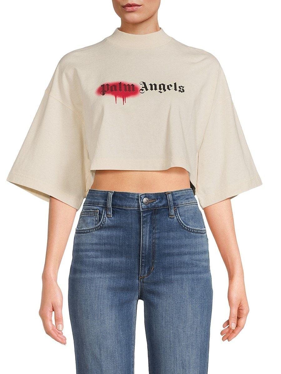 Palm Angels Sprayed Logo Oversized Cropped Tee in Blue | Lyst