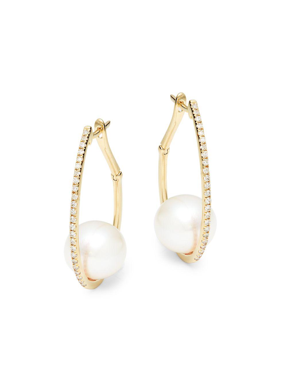 Effy 10mm Round Freshwater Pearl, 14k Yellow Gold & Diamond Drop Hoop  Earrings in Metallic | Lyst Canada