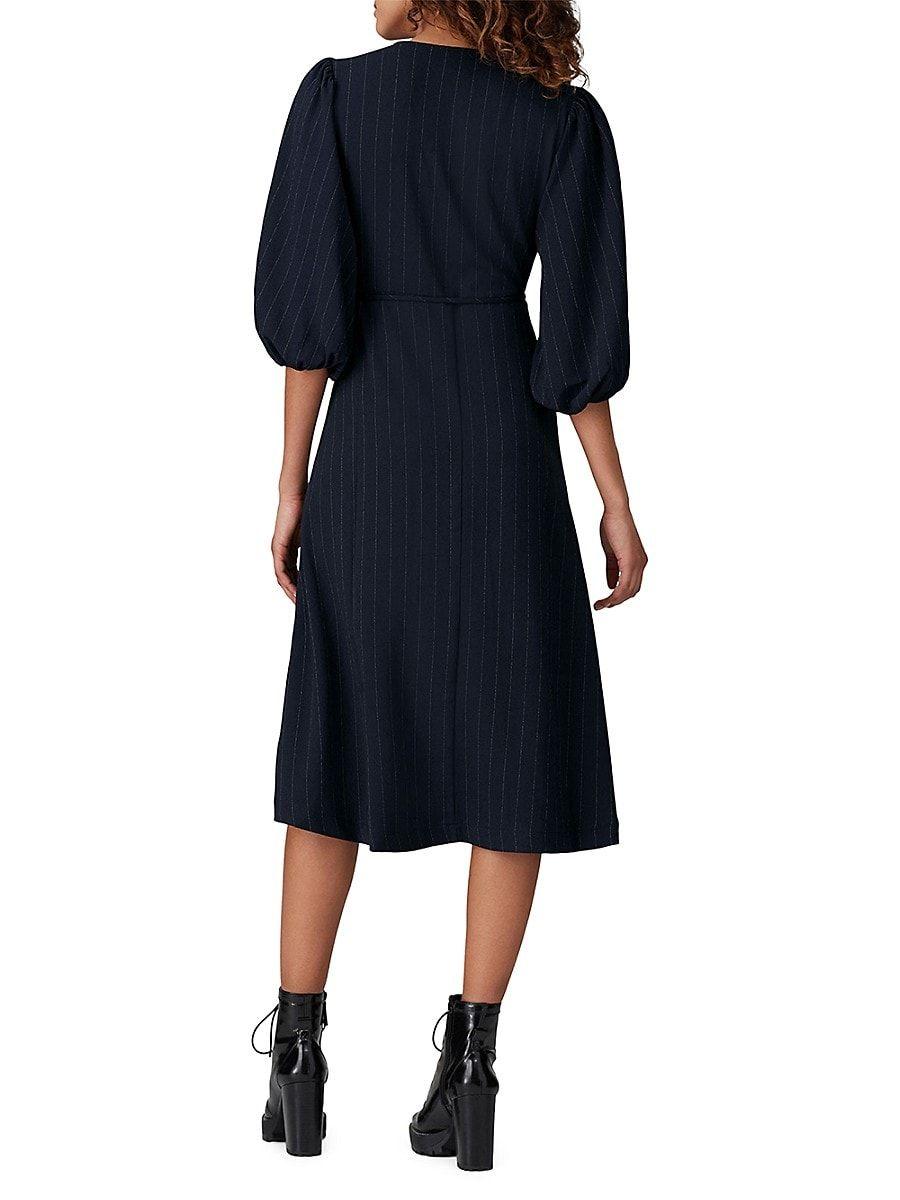 Ganni Pinstripe Puff Sleeve Wrap Dress in Blue | Lyst