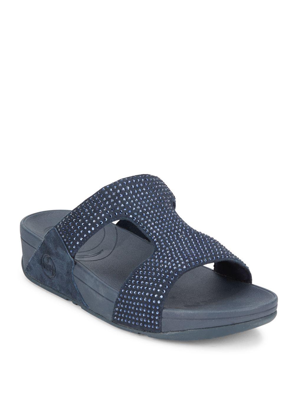 Fitflop Leather Rokkit Slide Sandals in Blue - Lyst