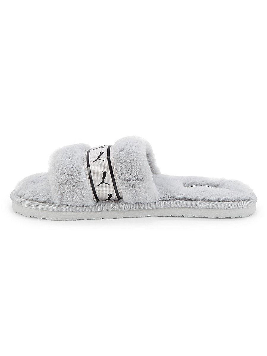 PUMA Fluff Faux Fur Logo Slippers in White | Lyst