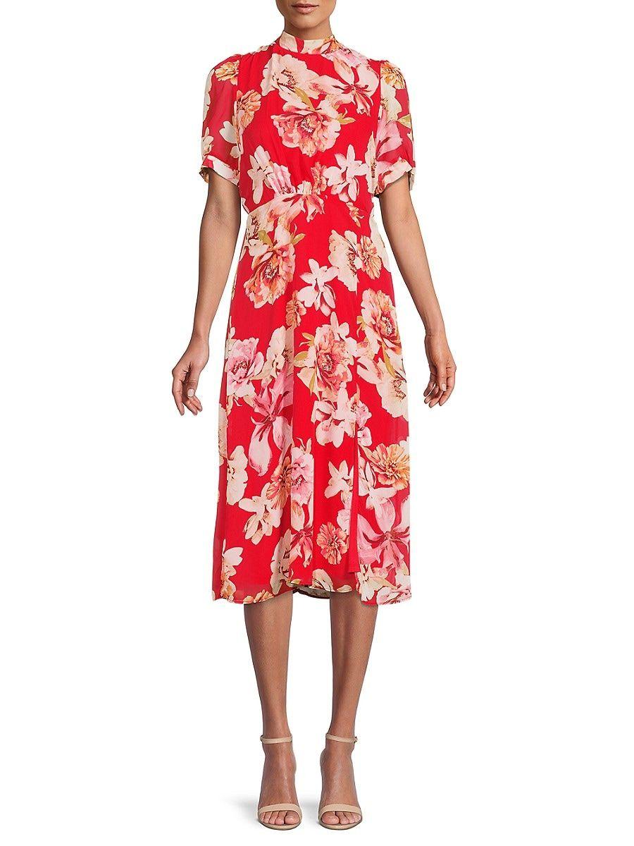Julia Jordan Floral Mockneck Midi A-line Dress in Red | Lyst