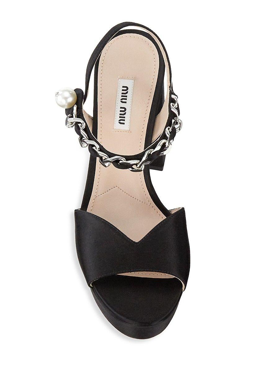 Miu Miu Embellished Satin Platform Sandals in Black | Lyst