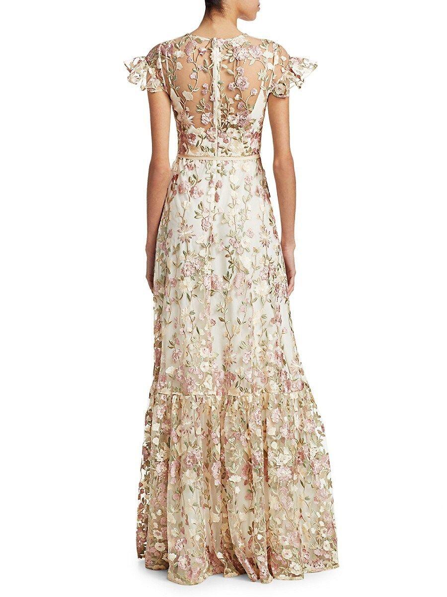 ML Monique Lhuillier Embroidered Floral Overlay Gown in Natural | Lyst