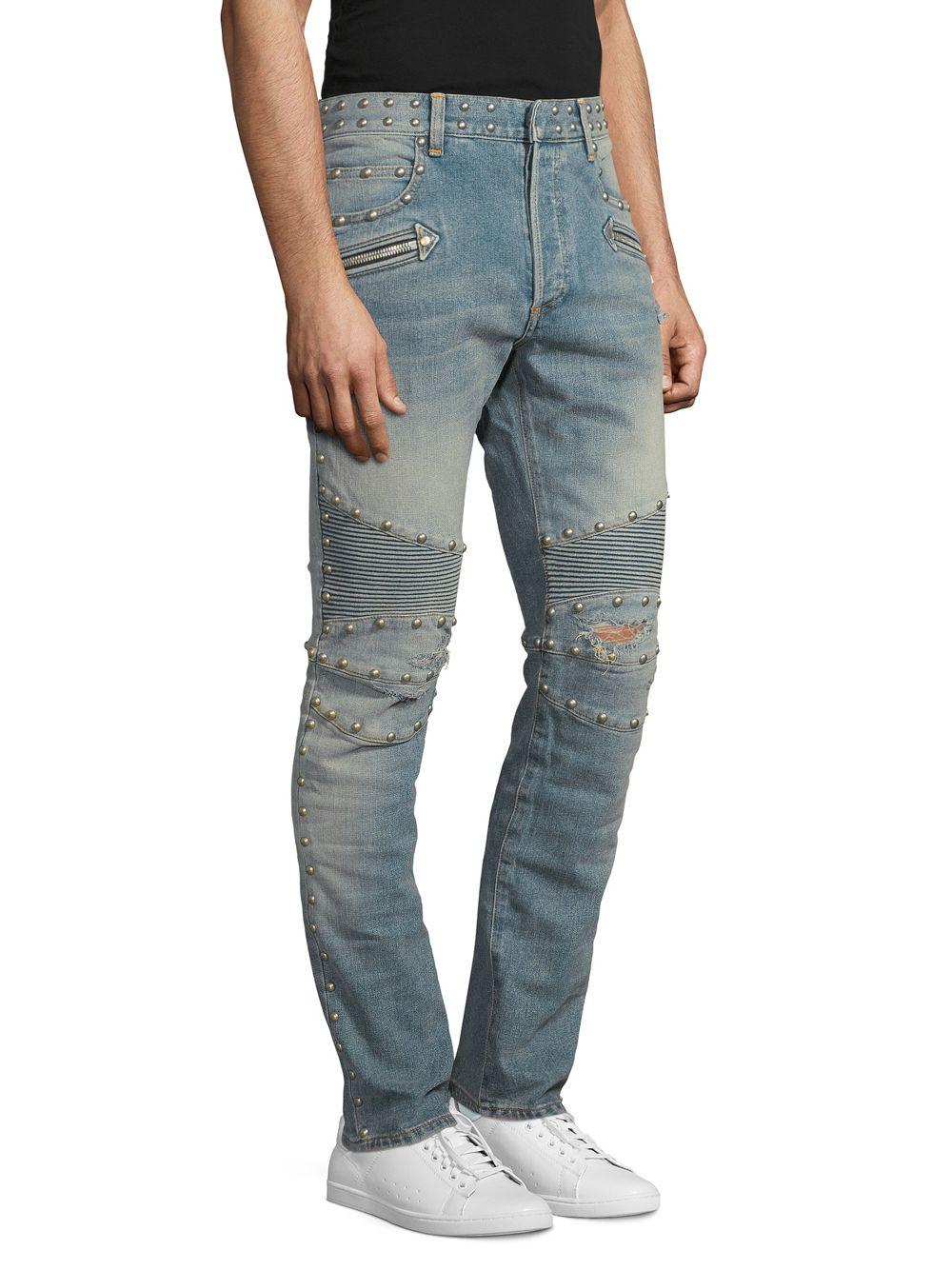 Balmain Denim Studded Moto Skinny Jeans in Blue for Men - Lyst